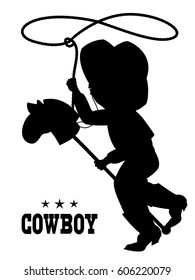 little boy in cowboy hat  on toy horse.Vector black silhouette on white