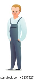 Little boy craftsman. Teen in apron. Master in workwear. Cheerful person. Standing pose. Cartoon comic style flat design. Single character. Illustration isolated on white background. Vector.