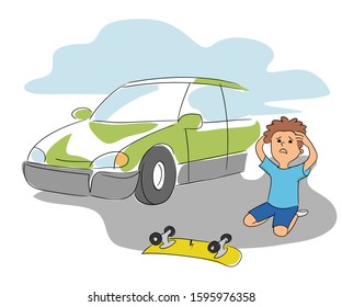 Little boy crashed on skateboard collides with car. Road traffic collision accident and risk cartoon scene. Upset scared child sitting on ground and holding hands on head. Vector flat illustration