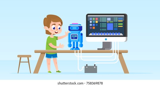 Little boy creating and programming smart robot. Isolated vector illustration. early childhood development concept