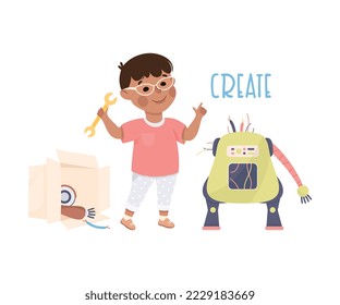 Little Boy Creating Robot Demonstrating Vocabulary and Verb Studying Vector Illustration