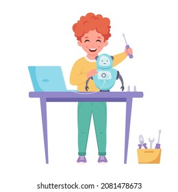 Little boy creating a robot. Robotics, programming and engineering for kids. Vector illustration