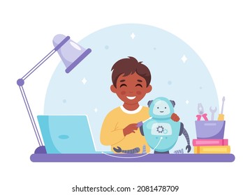 Little boy creating a robot. Robotics, programming and engineering for kids. Vector illustration