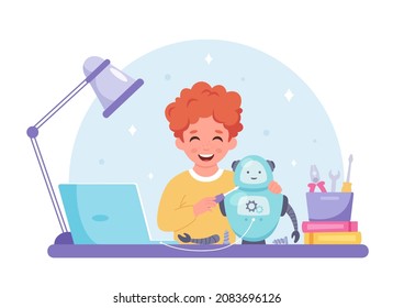 Niñito creando un robot. Robótica, programación e ingeniería para los niños. Ilustración del vector