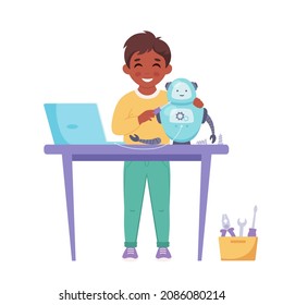 Niñito creando un robot. Robótica, programación e ingeniería para los niños. Ilustración del vector