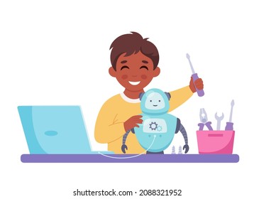 Little boy creating a robot. Robotics, programming and engineering for kids. Vector illustration