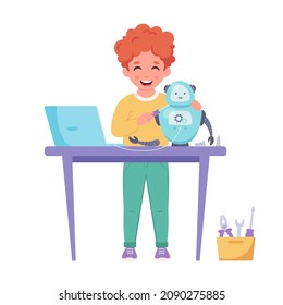 Niñito creando un robot. Robótica, programación e ingeniería para los niños. Ilustración del vector