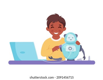 Little boy creating a robot. Robotics, programming and engineering for kids. Vector illustration