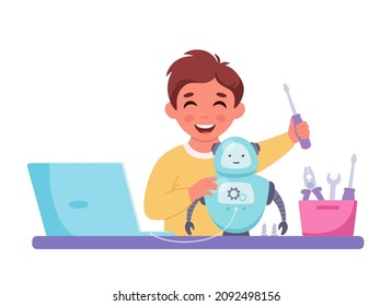 Little boy creating a robot. Robotics, programming and engineering for kids. Vector illustration
