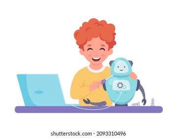 Kleiner Junge, der einen Roboter kreiert. Robotik, Programmierung und Engineering für Kinder. Vektorgrafik