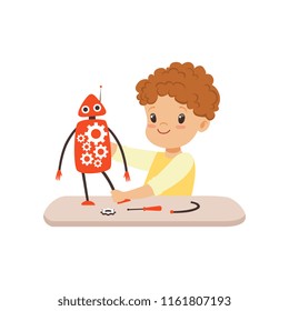 Little boy creating smart robot, robotics and programming for kids, educational project concept vector Illustration on a white background