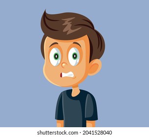 Little Boy Cringe Face Vector Cartoon. Child blenching being shy and concerned in emotional situation
