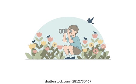 Little boy crouching amidst a vibrant garden of colorful blooming tulips and sunflowers while looking through his black binoculars.