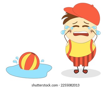 Little boy is crying because his ball fell into the puddle. Cartoon vector illustration.