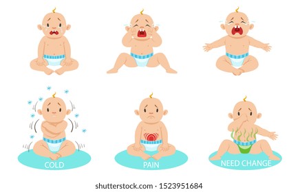 Little boy is crying from discomfort. Vector illustration.