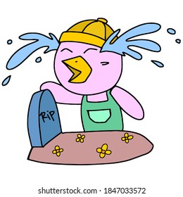 a little boy was crying at the grave. cartoon illustration sticker mascot emoticon