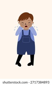 Niño llorando con las manos sobre los ojos.