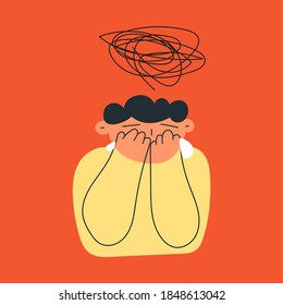 Little boy crying and he having mental problems. Illustration on red background.