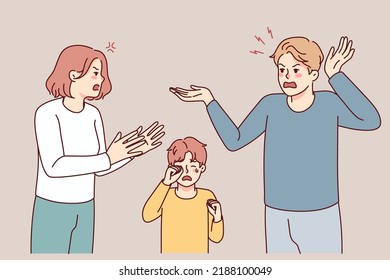 Little boy crying with mad parents argue near. Furious careless mother and father fight scream near small son. Children trauma, domestic violence. Vector illustration. 