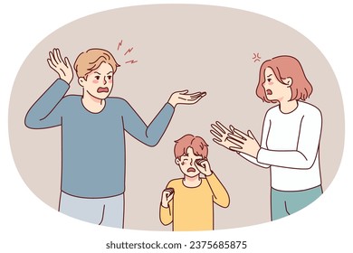 Little boy crying with mad parents argue near. Furious careless mother and father fight scream near small son. Children trauma, domestic violence. Vector illustration.