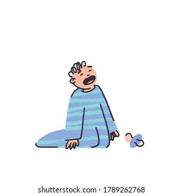 niñito llorando en pijama en ilustración vectorial de estilo plano. Se cayó pezón.  Traje de sueño a rayas azules. Niño con piel clara. Niños pequeños en la familia