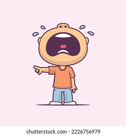 Little boy crying and showing something with his finger. Vector cartoon illustration