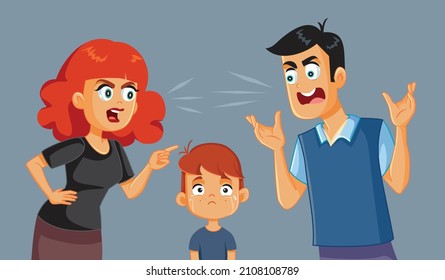 
Little Boy Crying While His Parents Fight Vector Illustration. Terrible fight between mother and father affecting and traumatizing child
