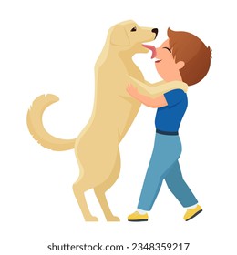 Little boy cuddling with dog. Family home pet, child best friend vector cartoon illustration