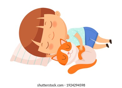 Little Boy Cuddling with His Pet Cat on Pillow and Sleeping Vector Illustration