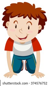 Little boy with curly hair kneeling down illustration