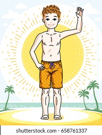 Little boy cute child standing in colorful stylish beach shorts. Vector beautiful human illustration. Fashion and lifestyle theme cartoon.