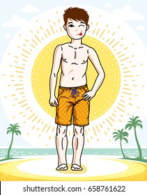Little boy cute child standing wearing fashionable beach shorts. Vector human illustration. Fashion and lifestyle theme cartoon.