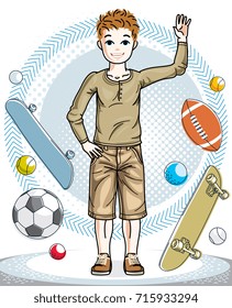 Little boy cute child standing wearing fashionable casual clothes. Vector beautiful human illustration. Fashion theme clipart.