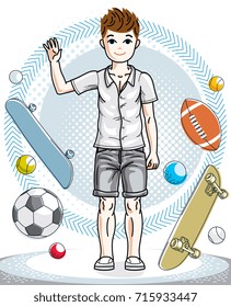 Little boy cute child standing in stylish casual clothes. Vector pretty nice human illustration. Childhood lifestyle clip art.