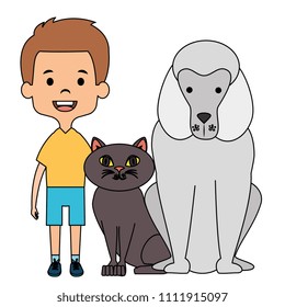 little boy with cute dog and cat