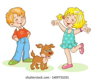 Little boy and cute girl with a puppy.  In cartoon style. Isolated on white background. Vector illustration.