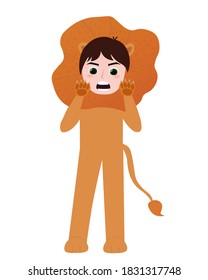 Little boy in cute lion costume for party masquerade, animal character, sign zodiac on white background in cartoon style