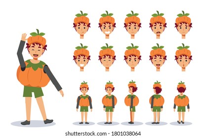Little Boy in Cute pumpkin costume for Halloween festival.trick or treat. Front, side, back view animated character.Vector Character creation set, Cartoon style, flat vector illustration.