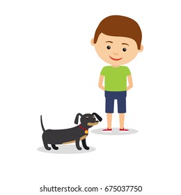Little boy with dachshund, isolated on the white background. Vector illustration