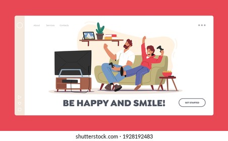 Little Boy with Dad Playing Video Games Landing Page Template. Happy Characters Sitting front of Tv Set with Joystick in Hands Rejoice, Family Entertainment. Cartoon People Vector Illustration