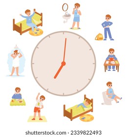 Programa diario de vida de un niño pequeño. Rutina, tiempo y disciplina matutinas y diurnas. El bebé activo come y lava, duerme y despierta. Concepto de vector de dibujos animados