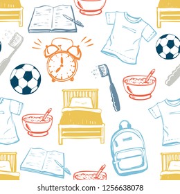 Little boy daily routine cartoon seamless pattern with bed, white t-shirt, ball, open exercise book, backpack, meal, toothbrush, alarm. Cute modern flat vector illustration on white background.