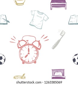 Little boy daily routine cartoon seamless pattern with bed, white t-shirt, ball, open exercise book, backpack, meal, toothbrush, alarm. Cute modern flat vector illustration on white background.