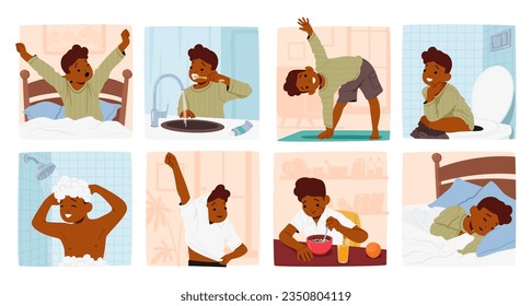 Little Boy Daily Routine. Character Wake Up, Brushes Teeth, Visiting Toilet, Exercising, Eating Breakfast, Get Dressed, Taking Shower and Sleep at Bedtime. Cartoon People Vector Illustration