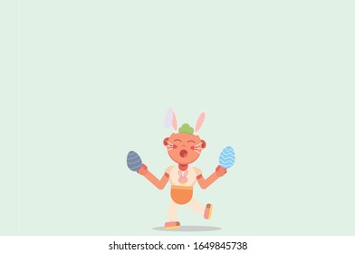 A little boy dancing wearing a bunny costume while holding an egg, Happy Easter day theme. Simple vector illustration, this illustration can use as a sticker also. 