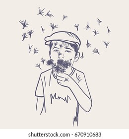 Little Boy with Dandelion Vector
Sketch portrait of a child blowing to the flower and heart shape made of petals