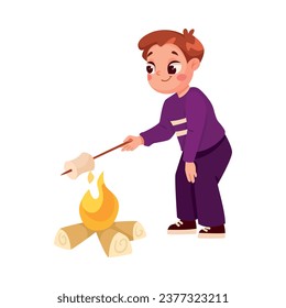 Little Boy in Dangerous Situation Near Bonfire Frying Marshmallow Being Unsafe Vector Illustration