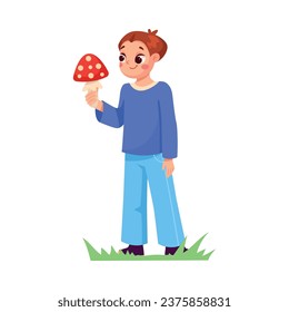 Niño pequeño en situación peligrosa elige toadstool con capucha roja siendo una ilustración vectorial insegura