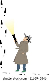 Little boy detective is confused by suspicious footprints, EPS 8 vector illustration