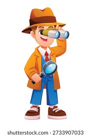 Little boy detective looking through binoculars and holding a magnifying glass tool. Vector cartoon character illustration